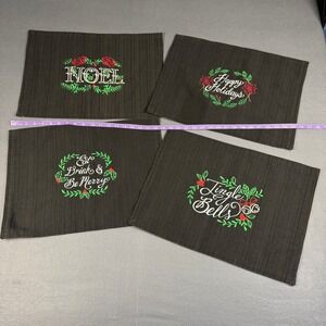 Lot of 4 Christmas Black Dark Fabric Rectangular Placemats Cursive Metallic READ